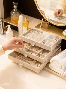 1pc Large Capacity Acrylic Jewelry Box, Drawer Style Jewelry Display Storage Case With Adjustable Velvet Trays, Suitable For Earrings, Rings, Bracelets, Necklaces, Ideal For Mother's Day Gift, Birthday & Anniversary - Grey - View 9