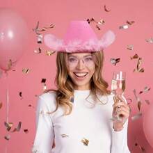 3pcs Pink Cowboy Hat Women, Cowboy Hat And Bandana, Cowboy Hat Pink Women's Cowboy Hats, Heart-Shaped Glasses Cowgirl Hat Pink Bandana Halloween Birthday Bachelorette Party Cosplay - Multicolor - View 4