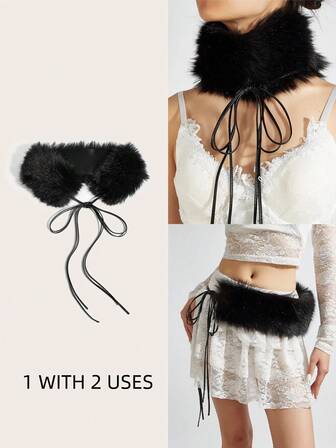 1pc Vintage Elegant Fuzzy Rope Belt For Women, Black Fuzzy Material With Black Rope Tie Waist Belt, 2-In-1 Design Can Be Used As Scarf Or Waist Belt, Elegant & Sexy, Suitable For Winter, Pair With Coats, Sweaters, Dresses, Pants, Ideal For Parties, Casual Outings, Holiday Dates, Campus Wear, Autumn/Winter