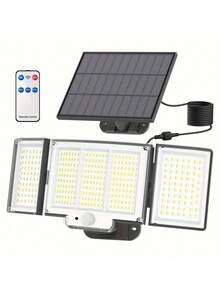 1/2 包 348LED 户外太阳能壁灯，带 5 米电缆的运动传感器安全灯，3 种模式太阳能壁灯，3 头安全泛光灯带遥控器，IP65 防水，适用于户外花园庭院/游泳池/阳台/车库/太阳能 - 冷白 - 查看 2