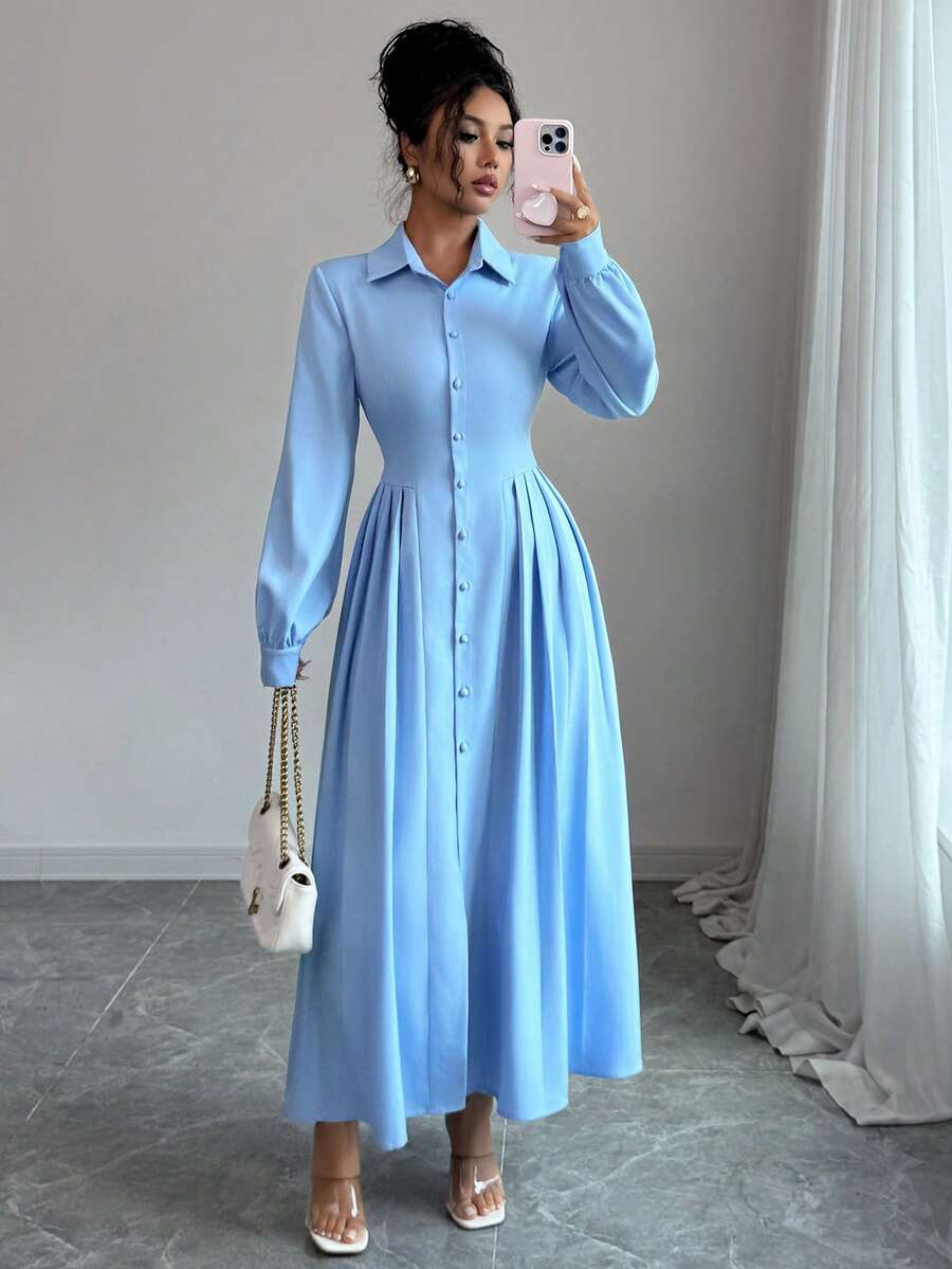 Vestido de manga larga con cuello, abotonado y plisado, de unicolor, elegante y casual, para otoño, de LilyHouse - Azul - Ver 1