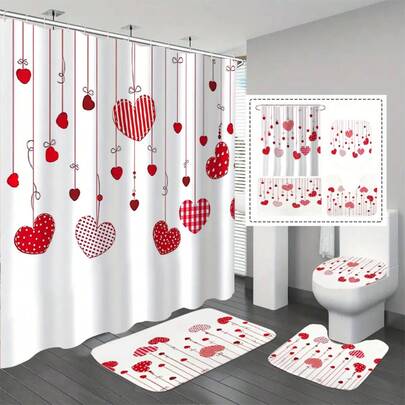 1/4 Pcs Romantic Valentine's Day Shower Curtain Set, Waterproof Polyester With Heart Pattern, Machine Washable, Includes 12 Hooks, Woven Love Theme Bathroom Decor, Ideal Gift For Valentine's Day
