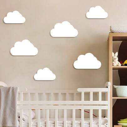 6 piezas Decoración de pared de madera en forma de nube blanca, arte de nube blanca pura de estilo nórdico lindo para decoración de pared del hogar, dormitorio/sala de estar/oficina