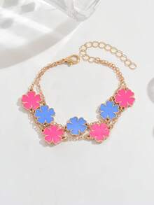 1pc Women's Fashion Elegant Minimalist Versatile Creative Oil Drop Clover Flower Contrast Color Layered Bracelet Jewelry - Multicolor - View 2