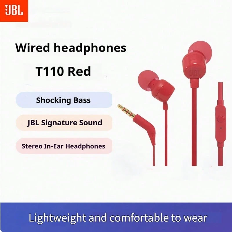 JBL T110 Wired Earphone With 3.5mm Interface For Gaming PC And Cellphone Calling, In-Ear Stereo Earbuds Headset - Red - View 1