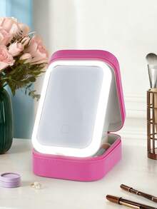 1 件可充电旅行化妆包，带 3 色 LED 照明镜，旅行化妆包 - 可调节亮度 - 防水皮革 - 可调节隔层 - 刷子收纳盒紧凑型触摸屏桌面化妆镜，珠宝口红收纳旅行化妆包沙滩包、洗漱包返校
