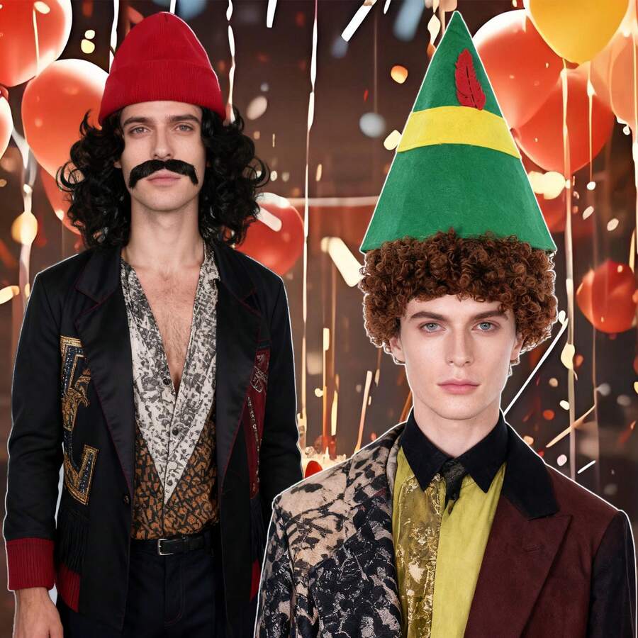 Unisex Short Curly Party Wig Hat Set, Black & Brown Options, Rocker Wig, Hat & Mustache Available, Cool Unique Rock & Roll 80s Wig, Short Fluffy Afro Wig With Bangs, For Men Women Halloween Christmas Cosplay Props, Bar Club Rave Party Play Decors Photography Props, Stage Performance Accessories, Ideal Choice For Gifts, Apperal Funny Wig