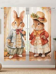 2pcs Easter Rabbit Curtains, Country Couple Rabbit Printed Curtains, Creating Warm Easter Atmosphere, Easter Party Decoration Supplies, Suitable For Living Room, Bedroom, Dining Room Multiple Scenarios, Window Decoration Hanging Flags, Room Decoration Home Decoration Background Cloth, Polyester Rod Pockets, Easter Gifts - Easter Bunny - View 10