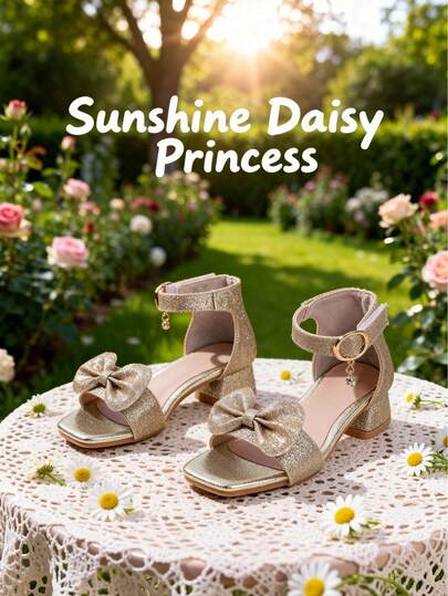 1 Pair Fashionable Children's Gold Sequin High Heel Sandals, Girls' Butterfly Decor Square Toe High Heels, Princess Style For Daily Wear, Suitable For Banquet, Performance, Fashion Dress, Birthday Party, Lightweight Party, Multi-Occasion