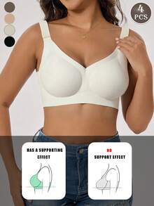 4-Piece Plus Size Bra, Seamless Breathable Wireless Sports Bra For Women - Full Coverage Design, Anti-Slip Material, With Lifting And Support Functions, Comfortable To Wear, Ribbed Details, Made Of Nylon And Elastic Fiber Blend, Hand Wash. Elegant Solid Color Design.Plus Size Lingerie - 彩色 - 查看 5