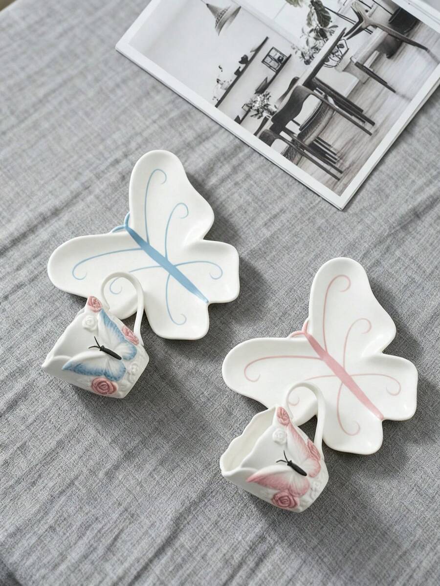 1 Set kreative handbemalte 3D geprägte Schleife & Rose Keramik Kaffee/Milch Tasse & Untertasse Set - Verschiedenfarbig - Übersicht 1