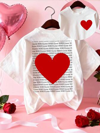 Camiseta de manga corta con cuello redondo y estampado de corazón para el Día de San Valentín, camiseta casual de mujer, regalo para el amante