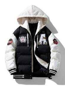 Men's Long Sleeve Detailed Drawstring Hooded Striped Padded Coat, Fall/Winter - Black - View 11