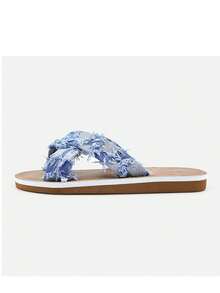 女士格子布交叉绑带沙滩拖鞋，适合派对、度假、所有季节 - 藍色 - 查看 4