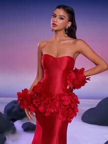 Anymoon 性感奢华 3D 立体花卉红色缎面无肩带露背系带美人鱼礼服，配可拆卸 3D 立体牡丹袖，适合毕业舞会、成人礼、红毯、高端晚宴等场合。 - 紅色 - 查看 11