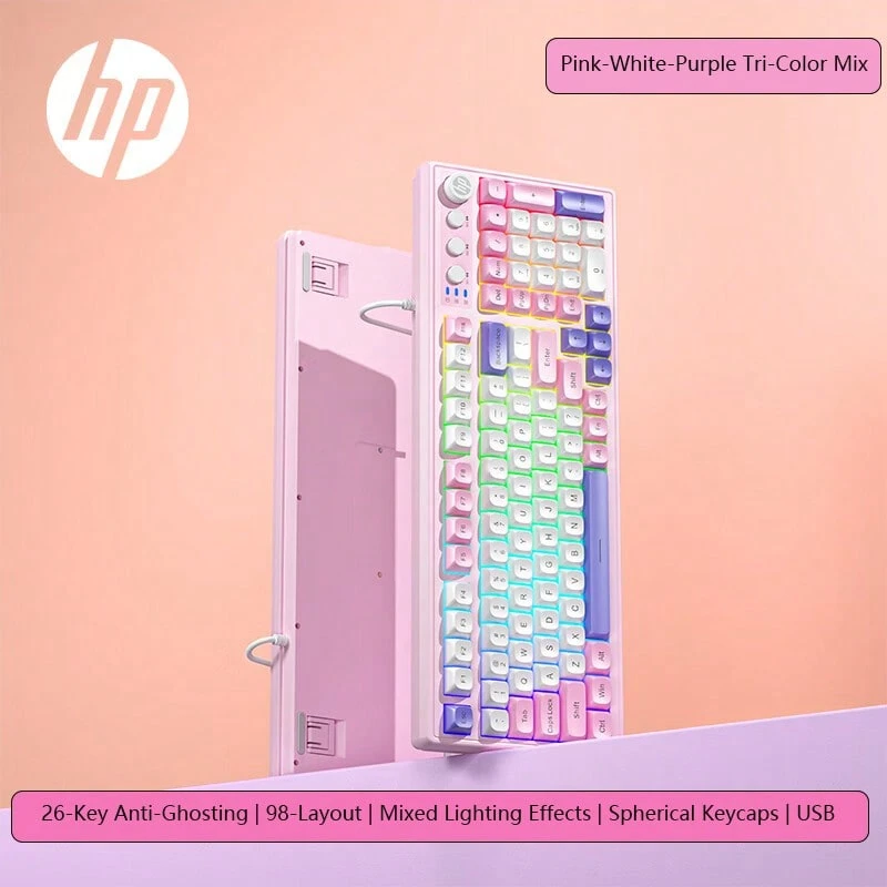 HP Bàn phím cơ có dây K110 với thiết kế chống sót phím 26 phím: Nhấn phím đồng thời không bị trễ, hoàn hảo cho các combo nhanh khi chơi game, keycap có độ nảy cao, cổng USB cắm là chạy, tương thích với máy tính để bàn và máy tính xách tay. Có sẵn các màu hồng, trắng và tím. - hồng, trắng và tím - Xem 1