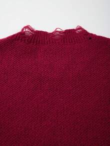 男士街头风个性做旧黑色长袖V领毛衣，休闲宽松套头针织衫，适合春、秋、冬季穿着 - 紅色 - 查看 8