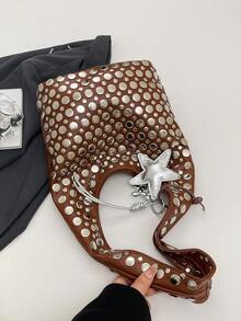 高品质个性化铆钉装饰配饰设计腋下包，休闲奢华小众单肩包 - 棕色 - 查看 5