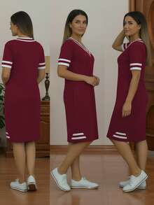 时尚休闲百搭撞色条纹拼接V领口袋短袖夏季纯色连衣裙，优雅 - 酒紅色 - 查看 3