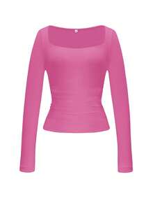 Vaiaye 女士春夏性感修身长袖针织上衣，纯色方领T恤，休闲百搭，简约日常休闲装 - 玫粉色 - 查看 3