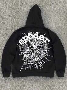 Polyester Fiber Men's Hooded Sweatshirt With Long Sleeved ,Halloween Spider Web Pattern Print, Fashionable And Loose Casual Fleece Sweatshirt Suitable For Autumn And Winter Wear On The Street- Streetwear Sherpa Hoodie For Guys –  Graphics + Cozy All-Day Warmth- Streetwear Sherpa Hoodie For Guys –  Graphics + Cozy All-Day Warmth- Streetwear Sherpa Hoodie For Guys –  Graphics + Cozy All-Day Warmth - 黑色 - 查看 12