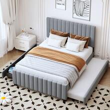 Upholstered Bed With Pull-Out Bed, Velvet Fabric Children's Bed, Youth Bed, Guest Bed, Flat Single Bed For Bedroom And Guest Room Without Mattress - 深灰色 - 查看 1