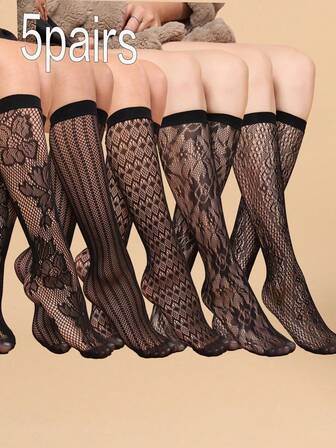 5 pares de calcetines de tubo medio de encaje negro para mujer, calcetines de moda de encaje transparente, calcetines tipo media, regalo de calcetines navideños, atuendos de Acción de Gracias para niñas, decoración navideña, regalo del Día de San Valentín