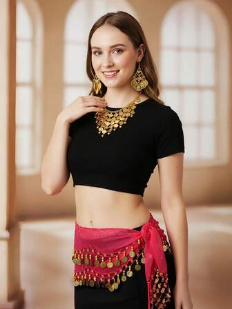 Set de 3 piezas de joyería para danza del vientre, que incluye cadena de cintura, collar y aretes. Pañuelo de cintura para actuación de danza, pañuelo de cadera para práctica de danza