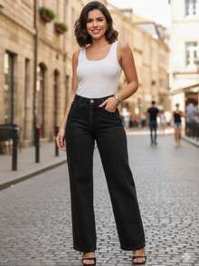 Women's Wide Leg Jeans, Marbled Pattern, High Waist, Wide Leg, Gaven Brand, Thick Fabric, 100% Denim - 燧石 - 查看 3
