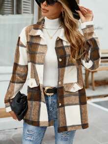 女士格子衬衫、时尚叠穿单品和优雅宽松格子外套，秋冬 - 棕色 - 查看 3