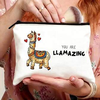 Cute Alpaca Print Design Zipper Pouch, Lightweight & Foldable, Ideal Travel & Daily Use Organizer Bag For Women, Perfect Gift For Friends Or Teachers. Funny Print, Beige Polyester Material, Suitable For Holidays, Birthdays, Postman Essential, Cosmetic Bag, Beauty Case, Travel Bag