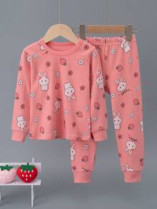 2pcs/Set Girls' Cotton Sleepwear Set, Long Sleeve Top And Pants, Strawberry Rabbit Print, Autumn/Spring - Multicolor - View 1
