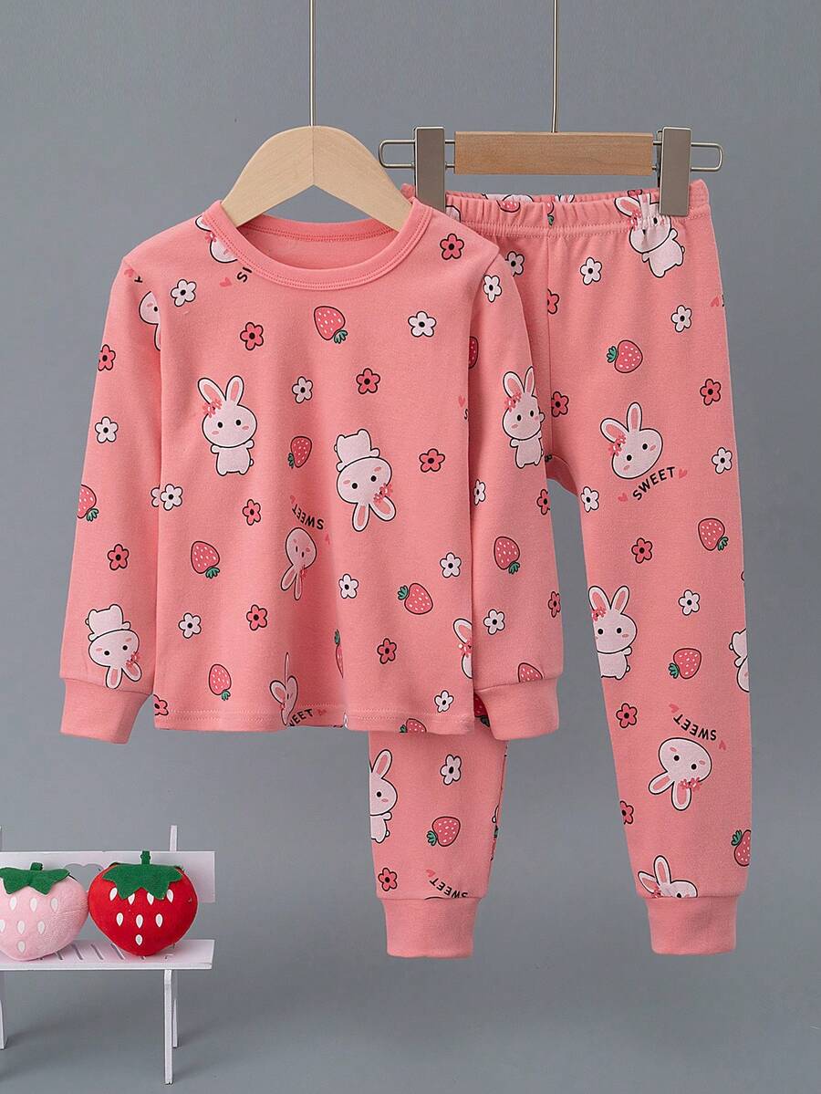 2pcs/Set Girls' Cotton Sleepwear Set, Long Sleeve Top And Pants, Strawberry Rabbit Print, Autumn/Spring - Multicolor - View 1