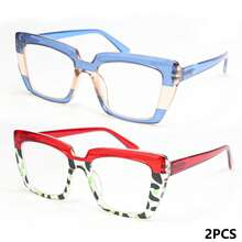 2 Stück modische rechteckige Lesebrille, verschiedene Farboptionen, hochauflösende Gläser, Federscharniere, Lupe, Alltagsbrille, stilvoller Leser, leichter Rahmen - Durchscheinender blauer + roter Leopardenprint - Übersicht 15