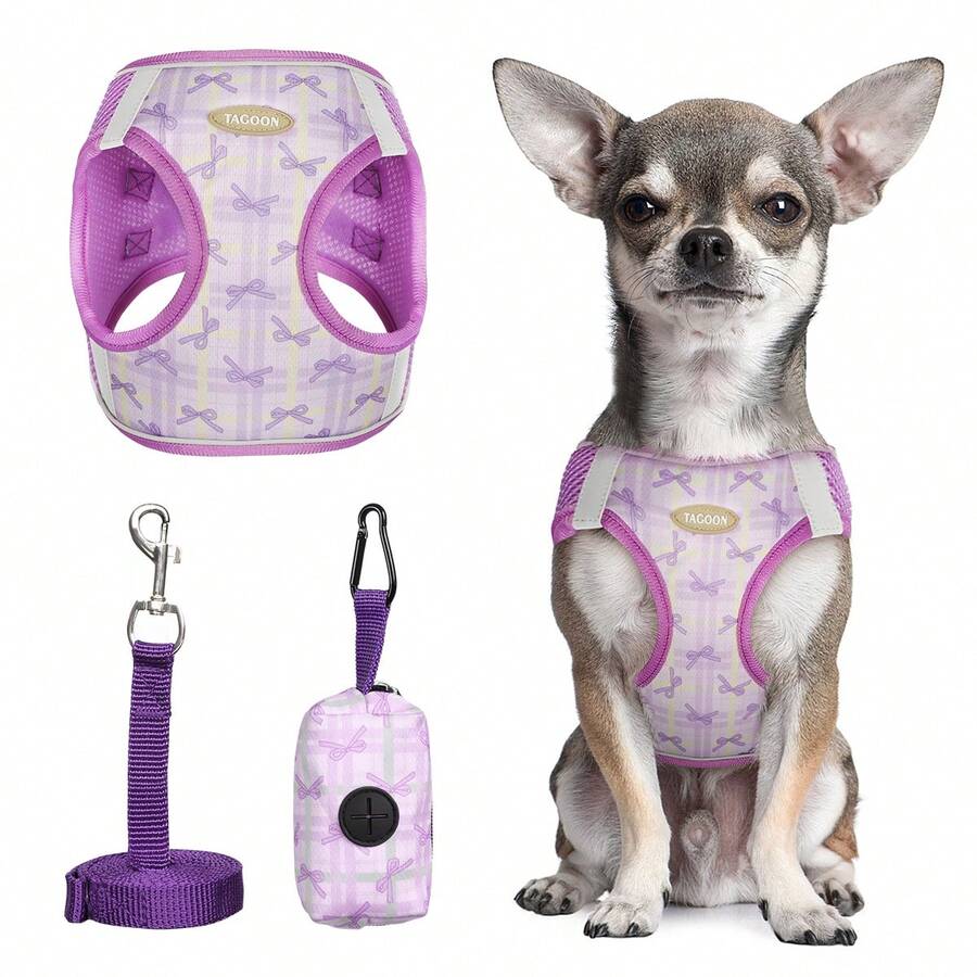 3件套狗狗胸背带套装：柔软网眼狗狗胸背带，可调节防拉扯反光舒适宠物背心式胸背带，适合中小型犬猫，适合户外散步和奔跑