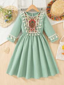 Young Girls' New Middle Eastern Chiffon Patchwork Geometric Pattern Tassel Trim Fitted Long Sleeve Dress - Mint Green - View 3