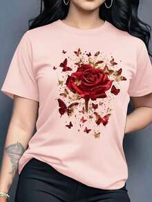 Playera camiseta gráfica dama mujer manga corta cuello redondo básica  cómoda fresca ligera fit regular moderna juvenil estampado rosas flores 3d brillo mariposa insectos - Rosa - Ver 1