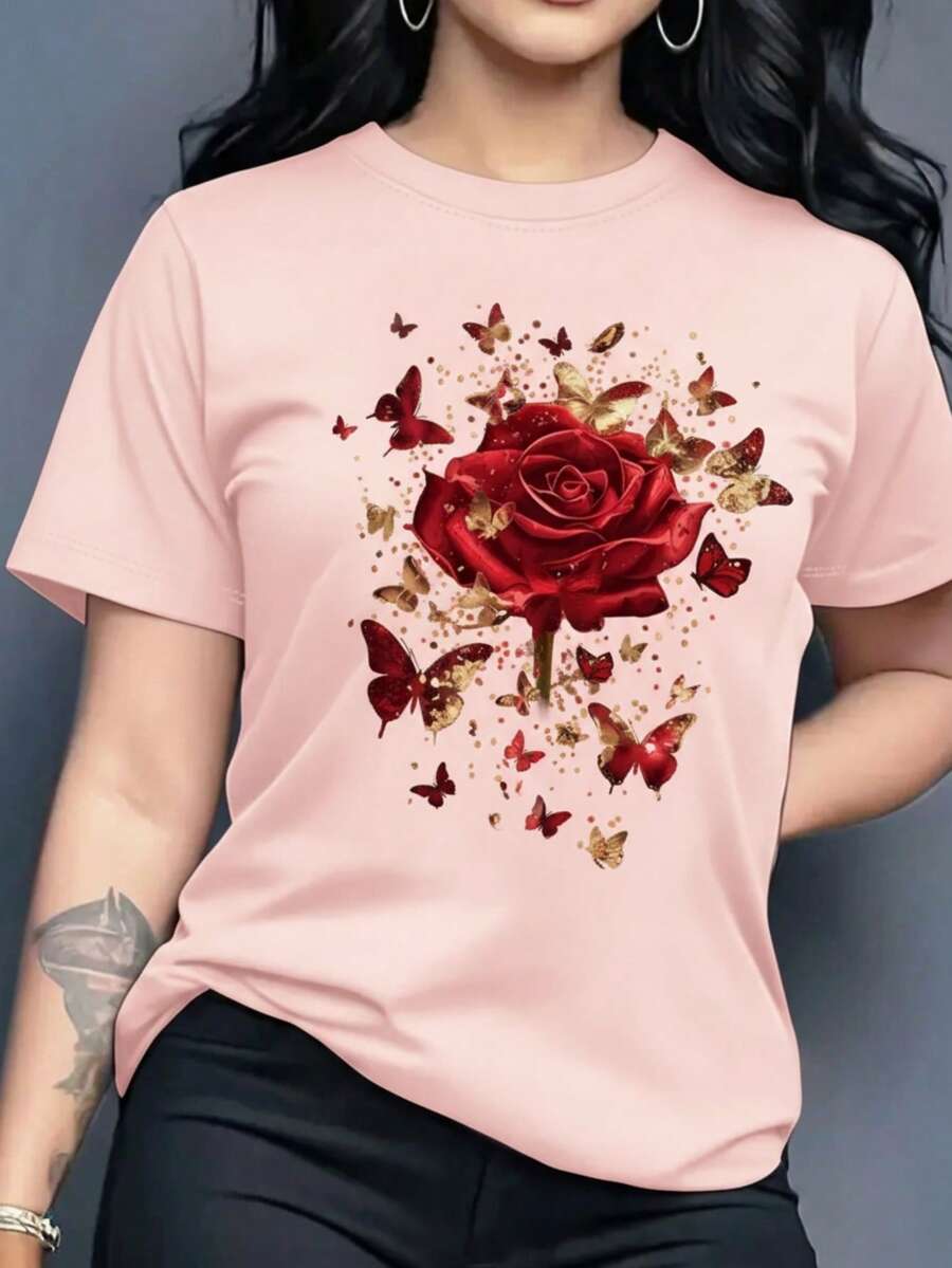 Playera camiseta gráfica dama mujer manga corta cuello redondo básica  cómoda fresca ligera fit regular moderna juvenil estampado rosas flores 3d brillo mariposa insectos - Rosa - Ver 1