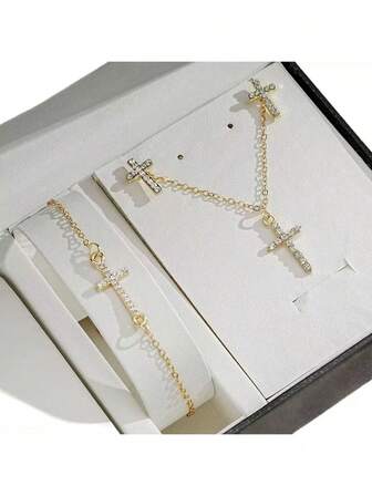 4pcs Elegant Vintage Rhinestone Cross Pendant Necklace, Earrings And Bracelet Jewelry Set, Suitable For Women's Daily Casual, Beach, Wedding, Music Festival, Party Wear, Holiday Gift