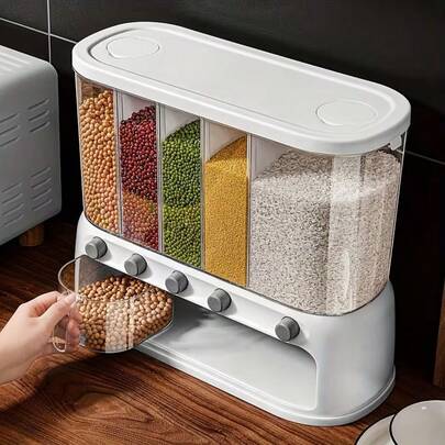 5-Compartment 12L/10kg Large-Capacity Dry Food Storage Container With Moisture-Proof Sealed Flip Lid Transparent Multi-Layer Grain Bin With Removable Dividers For Rice Grains Beans Pasta