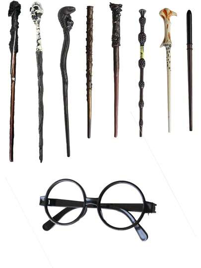 9pcs Cartoon Character Magic Wand, Malfoy Vine, Skull, Snake Head Pattern Magic Wand, Glasses Frame Theme Party Role Play Props, Halloween Party Costume Accessories, Wizard Academy Magic Wands