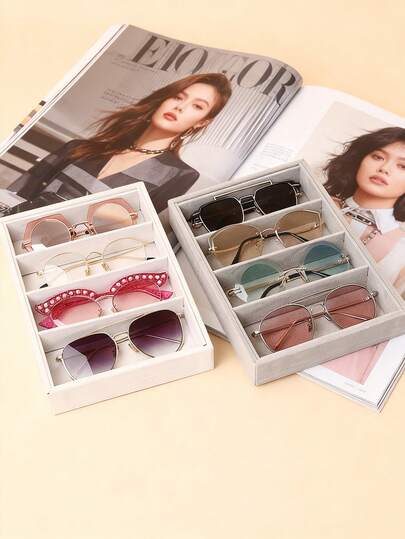 8-Slot Velvet Sunglasses & Jewelry Display Tray - Eyeglasses, Watch And Jewelry Storage Box - Unisex (8 Grids), 8 Grid Velvet Sunglasses And Jewelry Storage Tray, Polyester Fabric Eyeglasses And Accessories