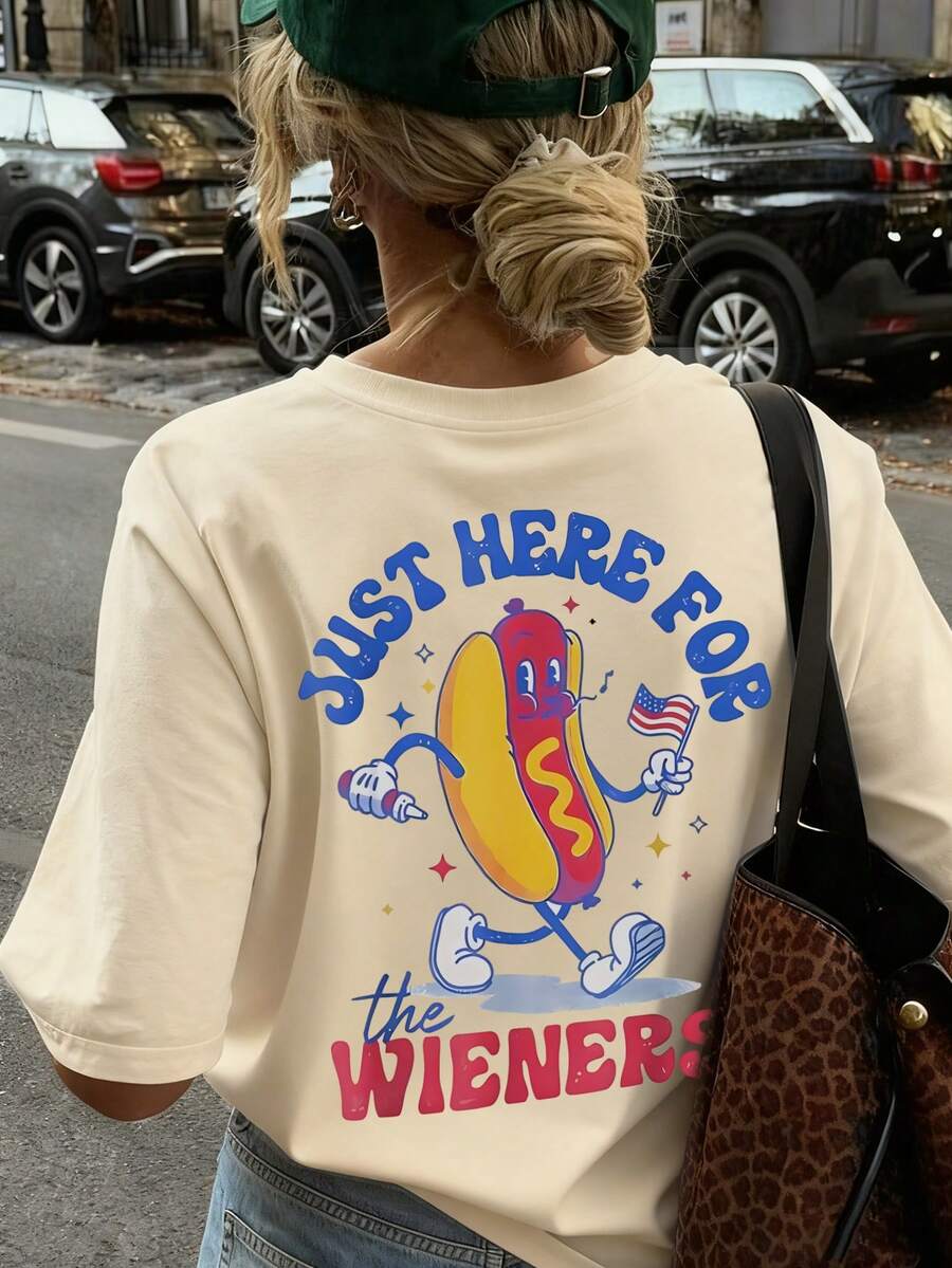 夏季新款休闲可爱热狗面包印花圆领短袖T恤，时尚百搭女式上衣 - 杏色 - 查看 1