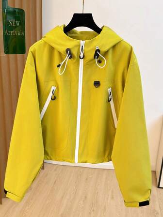 Women's Yellow Hooded Cropped Jacket - Zip Front Drawstring Pockets Casual Winter Outdoor Coat