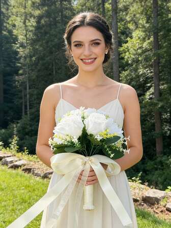 1pc Bridesmaid Bouquet, Artificial Flower Wedding Bouquet, Soft Ribbon Bridal Bouquet, Suitable For Engagement, Bridal Shower, Church Party