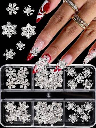 30pcs Charming Christmas Holiday Style 3D Silver Alloy White Diamonds Snowflake Style Nail Decoration Accessories Set, Alloy Multi-Shape Snowflake Flake Nail Art Decoration Accessories For Nail Art Fake Nails DIY Crafts, Nail Charms, Nail Art Supplies, Rhinestones And Decorations, Designed For Girls And Women.
