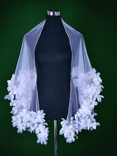 1 PC Fairy Petal Tulle Shawl, Elegant Ladies' Pink Ivory Cloak, Wedding Banquet, Party, Dance,Host, Performance Dress Accessories Outfit