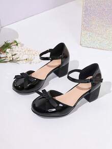 1 Pair Wine Red Bow Sequin Chunky Heel Shoes, Sweet & Cool Fashion Item - Black - View 11