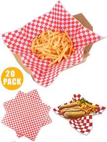 20Pcs Folhas de papel de cera Deli para forros de cesta de alimentos Folhas de papel para piquenique Folhas de embrulho Deli à prova de gordura - Vermelho e branco - Ver 7