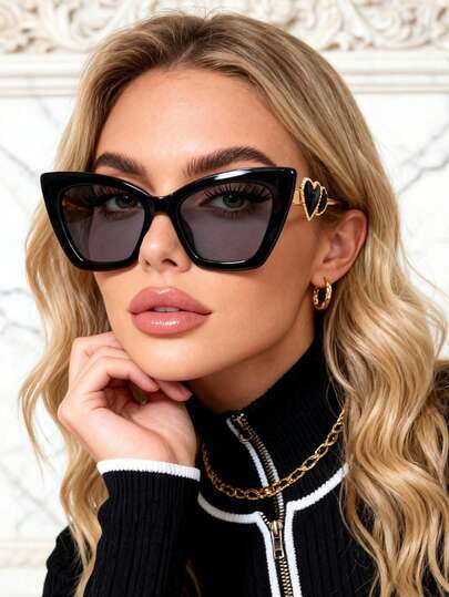Kadınlar için 1 Çift Büyük Kare Kedi Gözü Gözlük, Kalp Şeklinde Saplar, Sokak Stili, Tatil, Seyahat, Plaj İçin Moda Gözlük, Avrupa ve Amerika Influencer Stiliyle Uyumlu